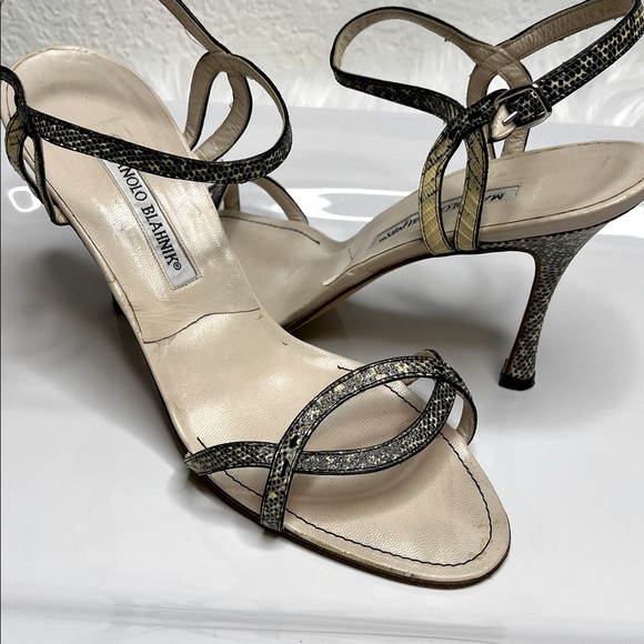 Manolo Blahnik Snakeskin Strappy Heels - Black and Cream - Picture 1 of 12